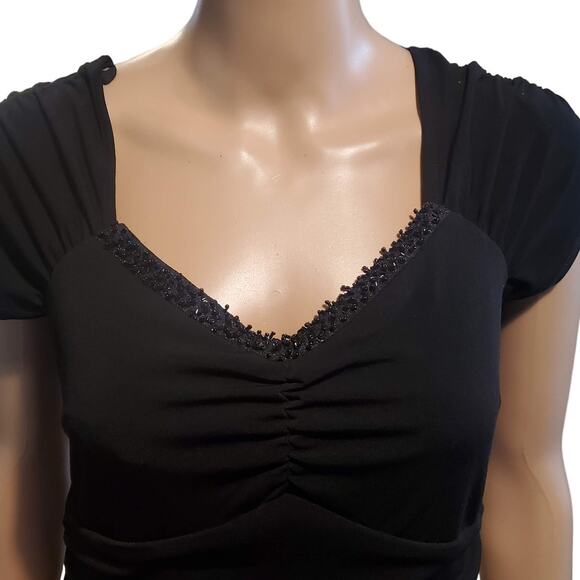 Vintage Rabbit Designs Size 10 Black Empire Gathered Waist Beaded Neck Y2K Dress - Picture 2 of 11